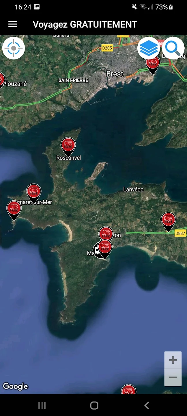 Vue satellite détaillée des points de stationnement